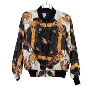 Vintage 80s Moda Int’l Black/Gold/White Equestrian Bomber Jacket Size Large